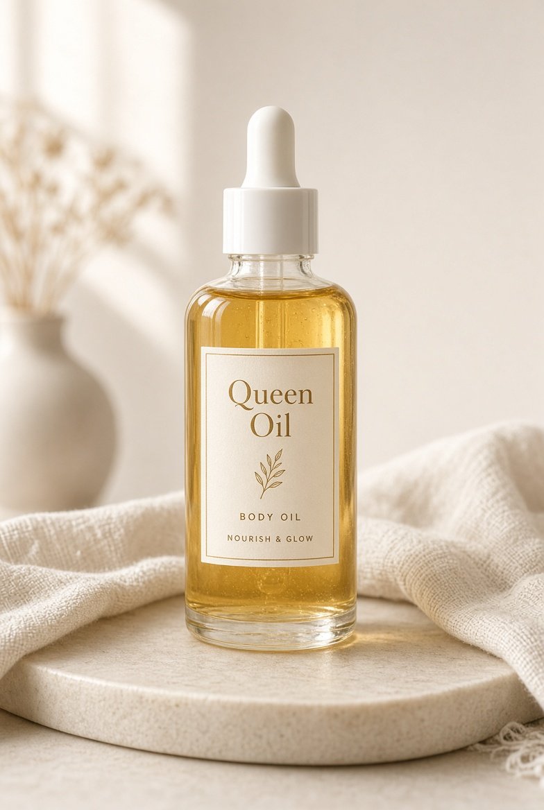 Illustrative dropper bottle of golden Queen Oil on a stone tray.
