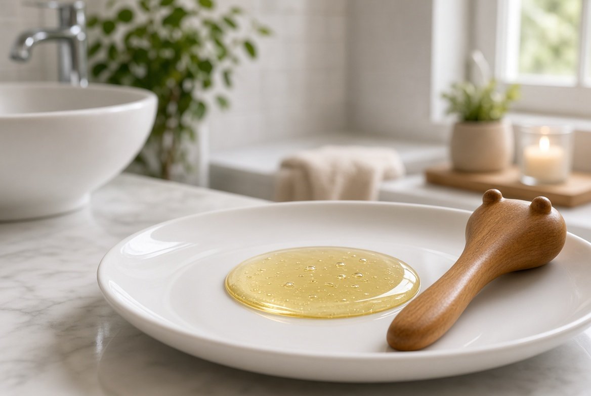 Golden oil pooled on a white dish beside a wooden tool.